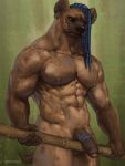 abs anthro artist_name athletic athletic_anthro athletic_male balls biceps blue_hair bodily_fluids brown_body brown_fur cheek_tattoo chest_tattoo deltoids dreadlocks dripping ear_hoop ear_piercing epic_soul foreskin fur genital_fluids genital_markings genitals glans hair hi_res holding_melee_weapon holding_object holding_polearm holding_weapon hyena male mammal markings melee_weapon muscular muscular_anthro muscular_male navel nipple_piercing nipples pecs penis penis_markings piercing polearm precum precum_drip red_glans scar scarred_body scars_all_over simple_background solo spotted_hyena tail tattoo text trapezius tribal tribal_markings tribal_tattoo triceps weapon
