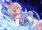  1girl ayul_(ayulneri_92) bare_shoulders blonde_hair blush breasts closed_mouth commentary_request flower from_side genshin_impact hair_flower hair_ornament highres long_hair looking_at_viewer looking_to_the_side lumine_(genshin_impact) lying navel on_back smile solo yellow_eyes 