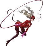  1girl animal_ears ass bent_over blue_eyes bodysuit boots breasts brown_boots brown_thighhighs cat_ears cat_mask cat_tail cleavage cleavage_cutout closed_mouth clothing_cutout collarbone earrings elbow_gloves fake_animal_ears fake_tail floating_hair from_side full_body gloves grey_hair half_mask high_heel_boots high_heels holding holding_whip jewelry legs_apart light_smile long_hair looking_at_viewer mask medium_breasts official_art panther_(persona_5) partially_unzipped persona persona_5 pink_gloves profile red_bodysuit red_lips sideways_glance soejima_shigenori solo stud_earrings tail takamaki_anne thigh_boots thighhighs third-party_source transparent_background turtleneck twintails wavy_hair whip zipper 