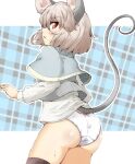  1girl animal_ears ass bangs black_legwear blush bow bow_panties capelet commentary_request contrapposto cowboy_shot eyebrows_visible_through_hair grey_hair grey_vest highres layered_clothing long_sleeves looking_at_viewer looking_down mepikari mouse_ears mouse_girl mouse_tail nazrin no_pants open_mouth panties red_eyes shirt short_hair solo tail thighhighs touhou underwear vest white_panties white_shirt 