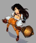  1girl black_hair bodysuit breasts brown_footwear brown_gloves cleavage commentary english_commentary final_fantasy final_fantasy_ix garnet_til_alexandros_xvii gloves grey_background long_hair low-tied_long_hair optionaltypo orange_bodysuit pose puffy_sleeves simple_background solo staff standing 