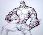  1boy abs animal_ears arknights ass_visible_through_thighs bara belt black_belt bulge cup feet_out_of_frame furry furry_male highres holding holding_cup kangnotrier large_hands large_pectorals looking_at_viewer male_focus mountain_(arknights) muscular muscular_male navel nipples pants pectorals scar scar_across_eye shirtless short_hair sitting solo stomach thick_thighs thighs tiger_boy tiger_ears white_fur white_hair white_pants 