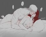  1boy 1girl after_kiss bandaid bandaid_on_cheek bandaid_on_face barefoot bed_sheet blush boy_on_top breasts collarbone commentary completely_nude couple english_commentary feet feet_out_of_frame foot_focus grabbing_another's_breast grabbing_from_behind grey_background greyscale groping heart hetero kirijou_mitsuru large_breasts long_hair looking_at_another lying moaning monochrome motion_lines muscular muscular_male nipples nude on_bed on_stomach parted_lips persona persona_3 persona_4:_the_ultimate_in_mayonaka_arena pillow red_eyes red_hair red_lips saliva saliva_trail sanada_akihiko scar scar_on_arm scar_on_shoulder sex sex_from_behind short_hair shoulder_blush soc_nau spot_color sweat tongue tongue_out trembling twitter_username 