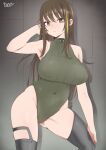  1girl armpits ass_visible_through_thighs bangs bare_shoulders black_legwear boca breasts brown_eyes brown_hair covered_navel covered_nipples girls&#039;_frontline green_hair highres leotard long_hair looking_at_viewer m4a1_(girls&#039;_frontline) ribbed_leotard solo thighhighs 