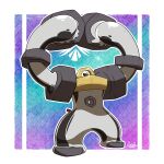  arms_up commentary english_commentary full_body highres melmetal metal_skin nut_(hardware) one-eyed outline pokemon pokemon_(creature) pokemon_focus solo spino_(spinoone) standing white_outline 