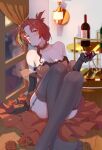  1girl absurdres alcohol bangs bare_shoulders black_gloves black_legwear blush bottle breasts cleavage closed_mouth crossed_legs cup curtains dress drinking_glass elbow_gloves flower forehead garter_straps gloves hair_ornament highres holding holding_cup honkai_(series) honkai_impact_3rd huge_filesize indoors lamser looking_at_viewer mole mole_on_breast murata_himeko night night_sky on_floor red_dress red_flower red_hair red_rose reflection rose sitting sky sleeveless sleeveless_dress smile thighhighs window wine wine_bottle wine_glass yellow_eyes 
