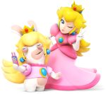  1girl 3d ;) blonde_hair blue_eyes cellphone commentary crown dress elbow_gloves english_commentary gloves holding holding_phone long_hair mario_(series) mario_+_rabbids_kingdom_battle official_art one_eye_closed phone pink_dress princess_peach puffy_short_sleeves puffy_sleeves rabbid rabbid_peach raving_rabbids short_sleeves smartphone smile third-party_edit transparent_background v white_gloves 