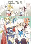  ! 3girls anger_vein artoria_pendragon_(fate) artoria_pendragon_(lancer)_(fate) bangs blonde_hair blue_dress bow braid breasts cape carrot cleavage cleavage_cutout clothing_cutout crown dress dun_stallion_(fate) eyebrows_visible_through_hair fate/grand_order fate_(series) french_braid fur_collar fur_trim green_eyes hair_between_eyes hair_bow horse kettle21 large_breasts long_hair morgan_le_fay_(fate) multiple_girls ponytail red_cape saber shaded_face siblings silver_hair sisters speech_bubble translated 