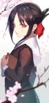  1girl bangs black_hair book braid cherry_blossoms dress eyebrows_visible_through_hair eyebrows_visible_through_hat folded_ponytail highres holding holding_book kaguya-sama_wa_kokurasetai_~tensai-tachi_no_renai_zunousen~ long_hair looking_at_viewer lying petals red_eyes school_uniform shimotsuki_shio shinomiya_kaguya shuuchiin_academy_uniform solo 