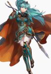  1girl a_(user_vtsy8742) alternate_hairstyle armor blue_eyes blue_hair breastplate breasts brown_footwear brown_gloves earrings eirika_(fire_emblem) fire_emblem fire_emblem:_the_sacred_stones fire_emblem_heroes gloves greaves hair_between_eyes highres hip_armor holding holding_polearm holding_spear holding_weapon jewelry leg_armor long_hair looking_at_viewer official_alternate_costume polearm ponytail simple_background solo spear thighhighs two-tone_cape weapon white_background white_legwear zettai_ryouiki 
