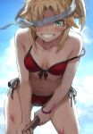  1girl bangs bare_shoulders bikini blindfold blindfold_slip blonde_hair blue_sky blush braid breasts collarbone fate/grand_order fate_(series) french_braid green_eyes grin hair_ornament hair_scrunchie highres long_hair looking_at_viewer mordred_(fate) mordred_(swimsuit_rider)_(fate) parted_bangs ponytail red_bikini scrunchie sidelocks sky small_breasts smile solo swimsuit tonee 