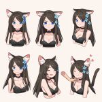  1girl :d aina_(mao_lian) animal_ear_fluff animal_ears black_bra black_choker blue_eyes blush bra breasts brown_hair cat_ears chin_stroking choker cleavage closed_eyes closed_mouth cropped_arms cropped_torso expressions frown heart highres long_hair looking_at_viewer mao_lian_(nekokao) medium_breasts open_mouth original simple_background smile underwear white_background 