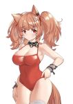  1girl angelina_(arknights) angelina_(summer_flowers)_(arknights) animal_ears arknights armpits bangs bare_shoulders blush bracelet breasts brown_hair casual_one-piece_swimsuit chain cleavage closed_mouth covered_navel cowboy_shot eyebrows_visible_through_hair hair_ribbon hand_on_own_thigh infection_monitor_(arknights) jewelry large_breasts long_hair looking_at_viewer necklace official_alternate_costume one-piece_swimsuit red_eyes red_ribbon red_swimsuit ribbon shuibo single_thighhigh solo swimsuit tail thighhighs twintails white_legwear 