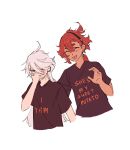  2girls black_hairband black_shirt blush closed_eyes commentary covering_own_mouth english_commentary english_text grey_hair gundam gundam_suisei_no_majo hairband hand_up highres long_hair miorine_rembran multiple_girls open_mouth print_shirt red_hair shirt simple_background smile suletta_mercury tanukimo_imo thick_eyebrows white_background yuri 