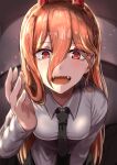  1girl absurdres bent_over blurry breasts chainsaw_man crosshair_pupils demon_girl demon_horns depth_of_field fisheye highres horns medium_breasts necktie okitsugu open_mouth orange_eyes orange_hair power_(chainsaw_man) red_horns ringed_eyes sharp_teeth smile solo teeth upper_body 