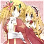  2girls ark_kan bangs bikini black_eyes blonde_hair bow breasts circlet closed_mouth commentary_request cross cross_necklace detached_sleeves dress eyebrows_visible_through_hair eyes_visible_through_hair flower flower_in_mouth frilled_hairband frills gypsy_(ragnarok_online) hair_between_eyes hair_bow hairband hands_on_another&#039;s_shoulders high_priest_(ragnarok_online) jewelry juliet_sleeves long_hair long_sleeves looking_at_another medium_breasts multiple_girls necklace open_mouth pink_background pink_bow pink_hairband pointy_ears puffy_sleeves ragnarok_online red_dress red_flower red_sleeves sash smile strapless strapless_bikini swimsuit two-tone_dress upper_body white_bow white_dress white_sash yellow_bikini 
