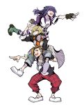  1girl 2boys boots brown_hair carrying_person company_connection creator_connection derivative_work fret_(ntwewy) highres kingdom_hearts miyako_rinrin multiple_boys nagi_(ntwewy) open_mouth parody pointing purple_hair rindo_(ntwewy) scarf shin_subarashiki_kono_sekai simple_background sitting smile striped striped_legwear subarashiki_kono_sekai 