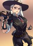  1girl absurdres armor ashe_(overwatch) belt black_legwear black_pants collared_shirt cow_girl cowboy_hat ear_piercing fingerless_gloves gloves gun hat highres kagematsuri lips lipstick looking_at_viewer makeup mole mole_above_mouth necktie over_shoulder overwatch pants piercing purple_eyes shirt shoulder_armor solo vest weapon weapon_over_shoulder white_hair wrist_guards 