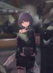  1girl absurdres asymmetrical_clothes belt bird black_belt black_choker black_pants black_sweater blurry blurry_background blush book book_stack bra_strap choker closed_mouth commentary cowboy_shot feathered_wings garter_straps gradient_hair highres holding holding_book hololive hololive_english long_sleeves looking_at_viewer low_wings making-of_available mole mole_under_eye multicolored_hair ninomae_ina'nis ninomae_ina'nis_(nu_udra) off_shoulder official_alternate_costume official_alternate_hairstyle orange_hair outdoors pants pigeon pointy_ears purple_eyes purple_hair short_hair sidelocks single_garter_strap single_off_shoulder single_pantsleg smile solo standing sweater taku_artworks tentacle_hair thigh_strap torn_clothes torn_pants two-tone_hair virtual_youtuber white_wings wings 