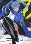  1girl arrow_print black_skirt blue_eyes blue_hair blue_hoodie cable commentary_request ene_(kagerou_project) feet graffiti hand_on_own_knee headphones highres hood hood_down hoodie jacket kagerou_project long_hair long_sleeves looking_at_viewer mekakucity_actors multicolored_hair multicolored_jacket on_floor sitting skirt smile solo spray_can sweater thighhighs thighs track_jacket turtleneck turtleneck_sweater twintails two-tone_hair two-tone_jacket zipper 