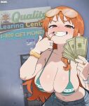  1girl banknote bikini breasts cleavage denim dollar_bill english_text engrish_text fruithead gold_ring golden_tooth highres holding holding_money jeans jewelry large_breasts long_hair money money_fan nami_(one_piece) one_piece orange_hair pants photo_background ranguage swimsuit tattoo typo watch wristwatch 