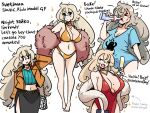  >_< 1girl absurdres alcohol bag bare_shoulders bikini black_bikini black_eyes black_skirt blonde_hair blue_eyes blue_shirt breasts brown_coat champagne character_profile cleavage closed_eyes coat commentary dress drinking english_commentary english_text full_body fur_collar highres huge_breasts jewelry long_hair midriff model mole mole_on_breast multiple_views murgoten navel off_shoulder open_mouth pink_fur red_dress russian_text shirt sideboob skirt solo sparkle swimsuit tented_shirt vodka white_fur 