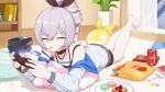 1girl bangs bare_shoulders barefoot book bookshelf bronya_zaychik can chips closed_eyes closed_mouth cola controller curtains drill_hair food fruit full_body grey_hair hair_between_eyes hair_ribbon highres holding holding_controller homu_(honkai_impact) honkai_(series) honkai_impact_3rd in_mouth indoors jacket liumang_tu_shua_p_zhan long_sleeves lying macaron on_stomach pillow plant plate playing_games pocky ribbon slippers smile soda_can solo strawberry sweets third-party_source vase white_jacket window 