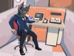 anthro bat blue_clothing blue_suit chair clothing computer cubicle desk dispatch electronics formal_clothing furniture hi_res male mammal office office_chair solo sonar_(dispatch) suit suit_and_tie table werebat werecreature wiprogress
