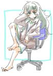  barefoot blunt_bangs chair collar commentary green_collar green_eyes green_hair green_trim highres hiyajou_maho jacket long_hair long_sleeves messy_hair office_chair on_chair sadarann science_adventure shirt sitting soles steins;gate steins;gate_0 swivel_chair symbol-only_commentary thick_eyebrows toes very_long_hair 
