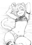  1girl absurdres animal_ears animal_hands armband breasts cat_ears cat_tail crop_top gloves greyscale hands_up highres looking_at_viewer lying medium_breasts micro_shorts monochrome navel_piercing on_back original paw_gloves piercing reiga_(act000) shorts single_thighhigh smile solo tail thighhighs 