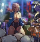  1girl between_breasts bikini bikini_under_clothes black_shorts blue_jacket breasts choker cleavage collar drum drum_set drumming drumsticks ear_piercing earplugs earrings eyebrow_piercing garter_straps grin highres instrument jacket jewelry large_breasts legs_apart lip_piercing lips lipstick long_sleeves looking_at_viewer makeup microphone o-ring o-ring_choker o-ring_top original parted_lips piercing pink_hair ponytail red_eyes seductive_smile short_shorts shorts sitting skindentation smile subong swimsuit thick_thighs thighs white_bikini 