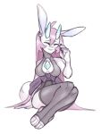 2019 anthro blue_horn blush breasts chest_gem cleavage_cutout clothing cutout ear_piercing eyes_closed female fluffy fluffy_tail gem hair hi_res horn hybrid lagomorph legwear leporid long_ears long_hair mammal medium_breasts mole_on_cheek paws piercing pink_body pink_hair proxicute rabbit simple_background sitting sitting_on_ground smile solo tail thigh_highs toeless_thigh_highs wide_hips
