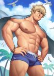  1boy abs bara blonde_hair blue_eyes bracelet cape closed_mouth cloud fate/extra fate/grand_order fate_(series) gawain_(fate) highres jewelry large_pectorals looking_at_viewer male_focus male_swimwear muscular muscular_male navel nipples outdoors pectorals short_hair sky solo summer xelgot 