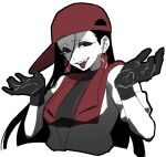  1girl backwards_hat baseball_cap black_eyes black_gloves black_outline black_shirt commentary_request cropped_torso earrings gloves hair_between_eyes hat highres jacket jewelry long_hair looking_to_the_side lycorisanguine mole mole_above_eye open_clothes open_jacket open_mouth outline partially_shaded_face red_hat red_pupils sharp_teeth shirt short_sleeves shrugging simple_background solo synthesizer_v teeth tongue tongue_out vimalion_pro white_background yi_xi_(synthesizer_v) 