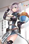  1girl absurdres armored_boots black_gloves black_legwear boots breasts chopsticks cleavage eating fingerless_gloves food gloves green_eyes hair_ornament hairband highres holding holding_chopsticks holding_food hololive large_breasts meteor_(yamashou) shirogane_noel silver_hair solo thighhighs 