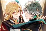  2boys absurdres alhaitham_(genshin_impact) antenna_hair aqua_eyes black_gloves blonde_hair cape closed_mouth commentary_request earrings feather_hair_ornament feathers genshin_impact gloves green_hair grey_hair hair_between_eyes hair_ornament headpiece highres jewelry kaveh_(genshin_impact) long_hair looking_at_viewer male_focus multicolored_hair multiple_boys parted_lips partially_fingerless_gloves red_eyes shirt short_hair smile streaked_hair upper_body watermark white_shirt yuu_(isis7796) 