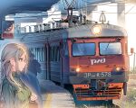 1girl bag blonde_hair blue_eyes braid breasts closed_mouth commentary daito earrings expressionless french_braid grass green_sweater ground_vehicle hair_ornament hairclip jewelry medium_breasts original railroad_tracks ribbed_sweater russia russian_text sign sweater train train_station train_station_platform translated 