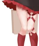  1girl bag black_dress commentary dress feet_out_of_frame frilled_dress frills head_out_of_frame highres horse_girl legs nice_nature_(umamusume) out_of_frame paper_bag red_footwear sabatakeru_(days_18) simple_background socks solo thigh_strap thighs umamusume white_background 