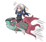  1girl akari_(pokemon) arms_up basculegion chibi commentary english_commentary fangs fish head_scarf highres jitome poke_ball_symbol pokemon pokemon_(creature) pokemon_(game) pokemon_legends:_arceus riding riding_pokemon saiykik simple_background speed_lines white_background white_headwear 