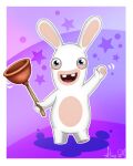  animal_ears blue_eyes border buck_teeth commentary commission deviantart_username english_commentary full_body holding looking_at_viewer no_humans open_mouth plunger purple_background rabbid rabbit_ears raving_rabbids signature smile solo standing star_(symbol) tongue waving white_border 