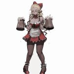 1girl 33dot absurdres alcohol ankle_garter apron arm_garter bare_shoulders barmaid beer beer_mug black_pantyhose blonde_hair blush bodice bow breasts cleavage closed_eyes commentary commission cup detached_collar dirndl dress drill_hair drill_sidelocks drink embarrassed english_commentary foam frilled_dress frills frown german_clothes hair_between_eyes hair_bow hair_pulled_back high_heels highres holding holding_cup kanzuki_karin large_breasts loose_hair_strand mug pantyhose parted_lips pixiv_commission red_bow red_dress red_shoes shoes sidelocks sleeveless sleeveless_dress solo street_fighter trembling v-shaped_eyebrows waist_apron waitress white_background wooden_cup wrist_cuffs 