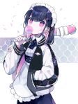  +_+ 1girl absurdres apron bandages bangs baseball_bat black_hair black_jacket black_skirt blush bracelet bubble_blowing charm_(object) chewing_gum chon_(chon33v) collared_shirt commentary_request ear_piercing earrings eyebrows_visible_through_hair grey_nails hand_in_pocket highres holding holding_baseball_bat jacket jewelry long_sleeves looking_at_viewer maid maid_headdress multicolored multicolored_nails nail_polish open_clothes open_jacket original over_shoulder petals piercing pink_nails red_eyes shirt signature skirt solo spiked_bracelet spikes sukajan waist_apron white_apron white_shirt 