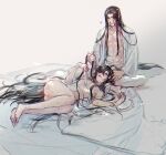  2boys abs absurdly_long_hair after_sex ahoge alternate_hairstyle ass bare_pectorals barefoot bathrobe bed_sheet bite_mark black_hair blush branded chinese_clothes commentary_request completely_nude couple full_body hair_down hand_in_another's_hair hand_on_another's_head hanfu heart hickey highres holding holding_another's_hair holding_ribbon ktxxok lan_wangji lap_pillow long_hair looking_at_another lying male_focus modao_zushi multiple_boys navel nipples nude on_back on_bed on_side open_clothes open_robe pants parted_lips pectorals purple_eyes ribbon robe scar scar_on_chest sitting smile twitter_username very_long_hair wei_wuxian white_pants white_ribbon white_robe yaoi yellow_eyes 
