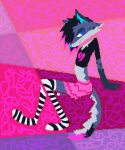 2025 5:6 abstract_background alternative_fashion anthro black_clothing black_hair black_shirt black_topwear bottomwear canid canine canis clothing coyote demensa domestic_dog emil_(demensa) emo femboy full-length_portrait hair hi_res legwear male mammal multicolored_clothing multicolored_legwear multicolored_thigh_highs pattern_clothing pattern_legwear pattern_thigh_highs pink_bottomwear pink_clothing pink_skirt portrait shirt sitting skirt smile solo striped_clothing striped_legwear striped_thigh_highs stripes thigh_highs topwear two_tone_clothing two_tone_legwear two_tone_thigh_highs
