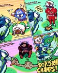 2026 4:5 4_panel_comic ambiguous_gender american_football arizona_cardinals armor blitz_the_seahawk bodily_fluids comic english_text feral flying gameplay_mechanics generation_1_pokemon generation_8_pokemon geodude group headgear helmet hi_res human los_angeles_rams mammal mascot nfl nintendo pidgey pokeball pokemon pokemon_(species) pokemon_battle question_mark san_francisco_49ers seattle_seahawks shen_comix spiral spiral_eyes sport sweat text wooloo