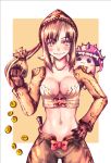  1girl :3 bag bandana bangs blush bow bow_bra bra breasts brown_eyes brown_gloves brown_hair brown_headwear brown_jacket cleavage closed_mouth coin commentary_request cowboy_shot creature creature_on_shoulder gloves hand_on_hip highres holding holding_bag jacket long_hair long_sleeves looking_at_viewer medium_breasts midriff moneybag nanaya_(shohei77) navel on_shoulder ponytail ragnarok_online red_bow shrug_(clothing) simple_background smile spore_(ragnarok_online) thief_(ragnarok_online) two-tone_background underwear white_background white_bra yellow_background 