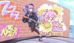  1girl assault_rifle beret black_gloves black_hat black_jacket brick_wall commentary crescent crescent_hair_ornament eepy_sleepy eepy_sleepy_(sleepy_2.0) elf english_commentary fingerless_gloves gloves graffiti gun hair_ornament hat highres holding holding_gun holding_weapon hood hooded_jacket jacket kalashnikov_rifle kghazir long_sleeves navel outdoors pantyhose phase_connect pointy_ears purple_eyes purple_hair rifle shoes short_shorts shorts smile sneakers star_(symbol) star_hair_ornament weapon 