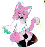 2025 anthro bangs black_clothing black_legwear black_stockings black_thong black_underwear blush bulge choker clothed clothing colored colored_sketch digital_drawing_(artwork) digital_media_(artwork) domestic_cat felid feline felis femboy fur hair half-closed_eyes inner_ear_fluff jewelry legwear long_hair long_sleeves male mammal narrowed_eyes necklace one_eye_closed open_mouth pantsless pink_blush pink_body pink_fur pink_hair pink_mouth shirt shiyaa_stuff sketch smile solo stockings thong topwear tuft underwear white_clothing white_shirt white_topwear