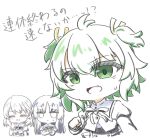  3girls :/ antenna_hair arm_at_side assault_lily black_hair black_ribbon black_skirt blank_eyes buttons chibi closed_eyes closed_mouth commentary_request cropped_jacket cropped_torso crossed_arms green_eyes green_hair grey_hair hair_between_eyes hair_ribbon hand_up hands_up hata_matsuri jitome juliet_sleeves long_hair long_sleeves looking_at_viewer medium_hair multiple_girls neck_ribbon open_mouth parted_lips partially_colored puffy_sleeves ribbon school_uniform shirai_yuyu shirt short_hair sidelocks simple_background skirt smile sweatdrop translated two_side_up umi_(s5r1umi_1399) upper_body v-shaped_eyebrows white_background white_shirt yellow_ribbon yoshimura_thi_mai yurigaoka_girls_academy_school_uniform 