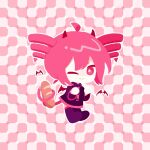  1girl baguette bax-2 bread checkered_background chibi chibi_only commentary demon_horns demon_wings drill_hair food full_body horns kasane_teto looking_at_viewer one_eye_closed optical_illusion pink_hair pink_theme primrose_field_illusion solo symbol-only_commentary tail twin_drills utau wings 